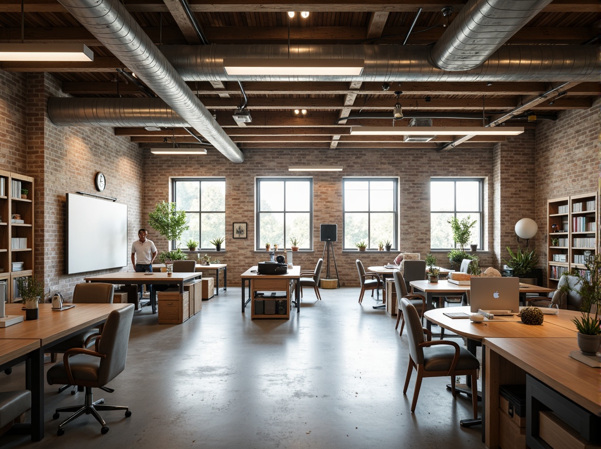 Prompt: Open-plan loft academic space, industrial chic aesthetic, exposed ductwork, polished concrete floors, reclaimed wood accents, modular furniture systems, movable partitions, collaborative workstations, ergonomic seating, interactive whiteboards, floor-to-ceiling bookshelves, natural light pouring in, soft warm glow, shallow depth of field, 1/1 composition, realistic textures, ambient occlusion.