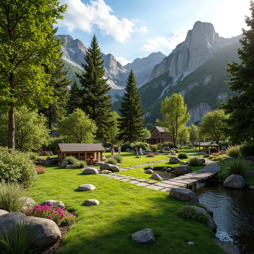 Prompt: Soothing natural landscape, lush green grass, vibrant flowers, winding stone pathways, serene water features, tranquil ponds, gentle streams, rustic wooden bridges, natural rock formations, majestic trees, blooming gardens, colorful seasonal plants, sunny day, soft warm lighting, shallow depth of field, 3/4 composition, panoramic view, realistic textures, ambient occlusion.