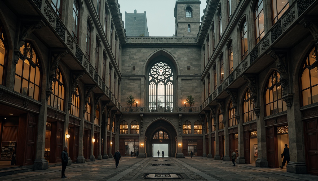 Prompt: Grandiose Gothic Revival castle, intricately carved stone walls, stained glass windows, ornate wooden doors, majestic clock towers, sprawling arches, mystical foggy atmosphere, dim warm lighting, dramatic shadows, 1/2 composition, low-angle shot, richly textured stonework, atmospheric mist, nostalgic sense of history.