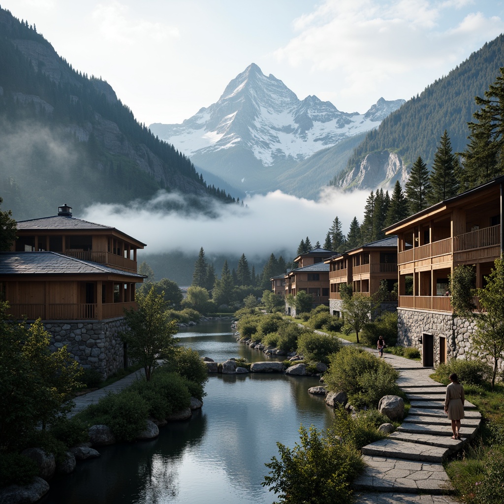 Prompt: Majestic mountain range, rugged terrain, verdant forests, misty valleys, serene lakes, rustic wooden bridges, stone pathways, traditional Tibetan architecture, intricately carved wooden facades, sloping roofs, earth-toned buildings, natural stonewalls, minimalist modern interior design, warm cozy lighting, atmospheric fog effects, shallow depth of field, 1/2 composition, panoramic view, realistic rock textures, ambient occlusion.