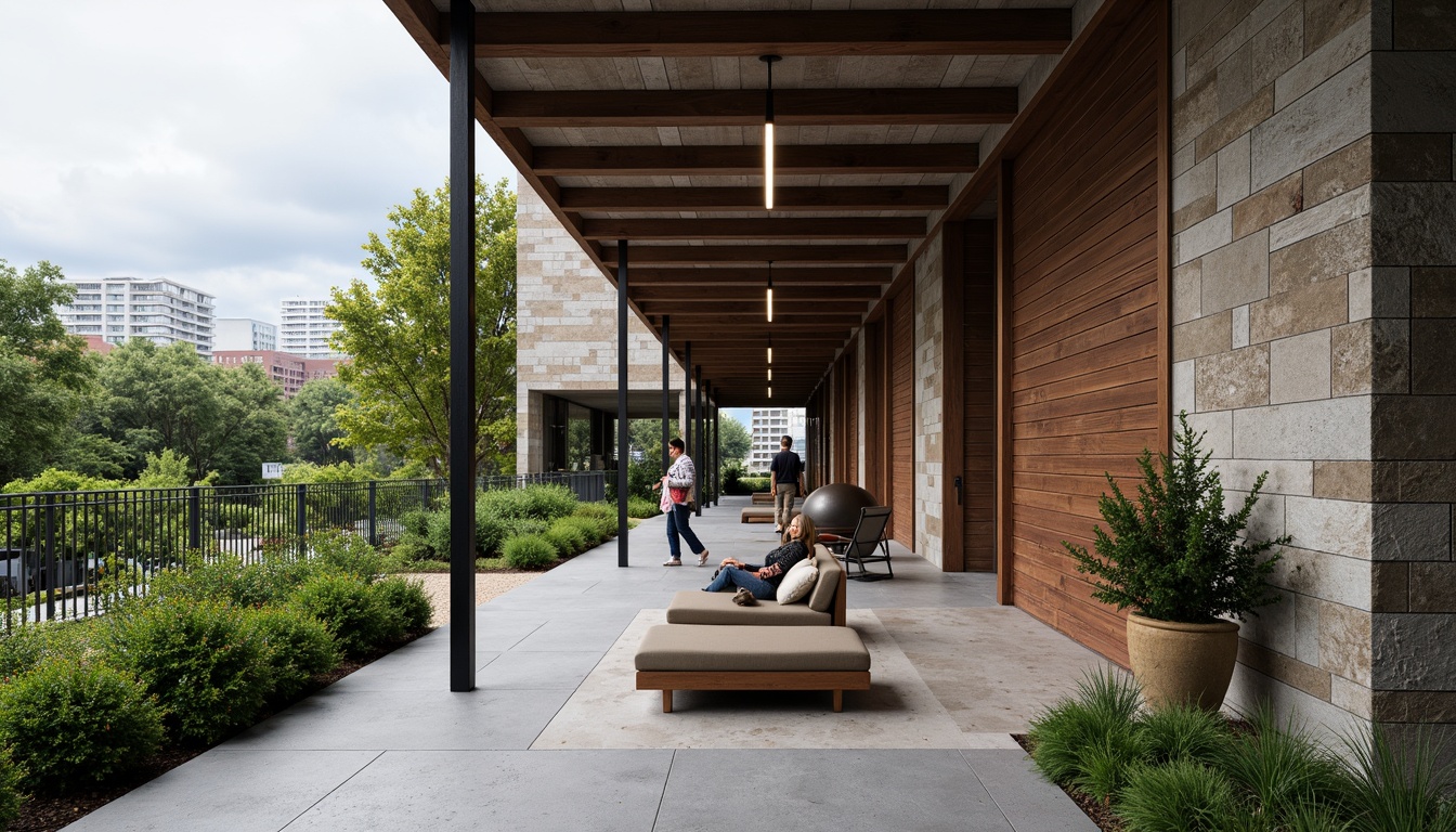 Prompt: Rustic stone walls, smooth wooden accents, rough concrete floors, sleek metal railings, vibrant greenery, natural light pouring through floor-to-ceiling windows, modern minimalist architecture, bold geometric shapes, juxtaposed contrasting textures, industrial chic aesthetic, urban cityscape backdrop, overcast skies, dramatic shadows, high-contrast color palette, 1/2 composition, shallow depth of field, realistic material renderings.