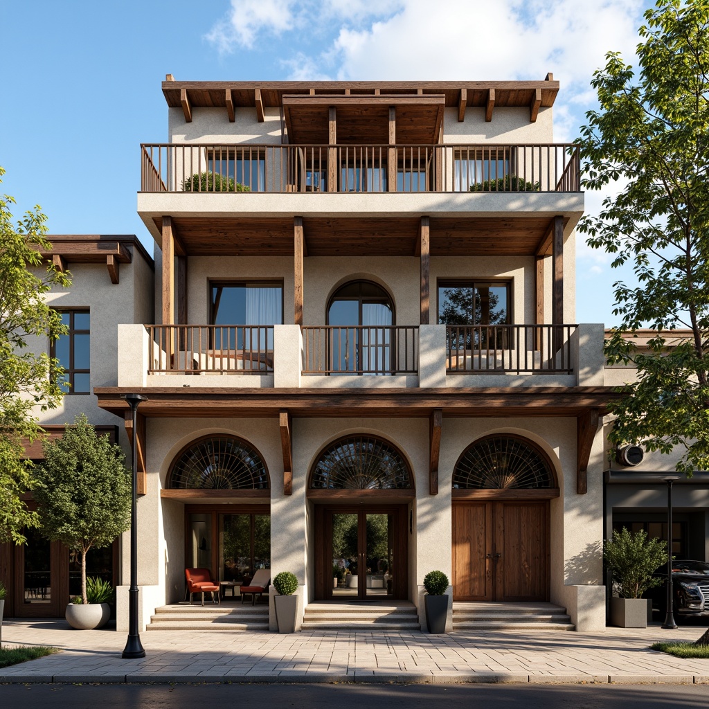 Prompt: Modern bank building, vernacular architecture style, rustic stone fa\u00e7ade, wooden accents, grand entrance, sweeping arches, columned porch, ornate metalwork, intricate carvings, earthy color palette, natural textures, ambient lighting, soft shadows, 3/4 composition, symmetrical arrangement, high-contrast highlights, realistic materials, detailed ornaments, subtle animations, warm sunny day, gentle breeze, bustling street scene.