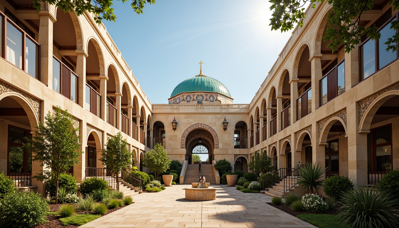 Prompt: Majestic middle school building, Byzantine-inspired arches, ornate stone carvings, vibrant turquoise domes, intricate mosaics, grand entrance hallways, sweeping staircases, rich wood accents, stained glass windows, warm golden lighting, shallow depth of field, 2/3 composition, symmetrical framing, realistic textures, ambient occlusion, Mediterranean-inspired courtyard, lush greenery, blooming flowers, sunny day.