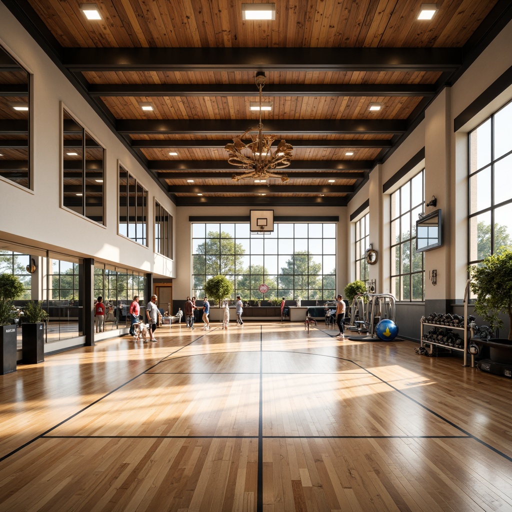 Prompt: Modern gymnasium interior, high ceilings, polished wood floors, athletic equipment, basketball hoops, volleyball nets, exercise machines, free weights, mirrored walls, bright LED lighting, indirect overhead lighting, warm color temperature, soft shadows, subtle gradient effects, 1/2 composition, realistic reflections, ambient occlusion, dynamic lighting simulations.