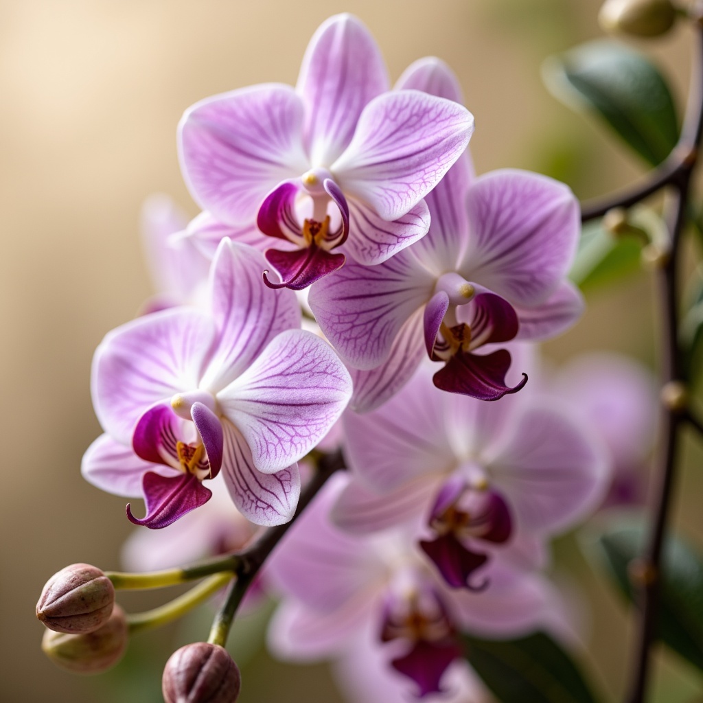 Prompt: Luxuriant orchid flowers, soft velvety petals, pastel purple hues, creamy whites, rich berry shades, delicate greenery, natural earthy tones, warm beige backgrounds, elegant gold accents, refined bronze details, subtle gradient transitions, realistic textures, ambient occlusion, shallow depth of field, 1/1 composition, intimate close-up shots, soft warm lighting.