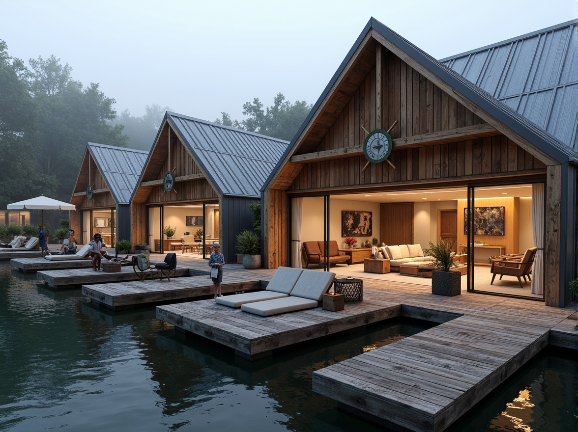 Prompt: Waterfront location, rustic wooden dock, vintage boat lifts, nautical-themed decorations, weathered wood textures, corrugated metal roofs, angular modern lines, expansive glass windows, sliding doors, cozy interior spaces, plush furniture, warm lighting, shallow water reflections, misty morning atmosphere, 1/1 composition, realistic rendering, ambient occlusion.