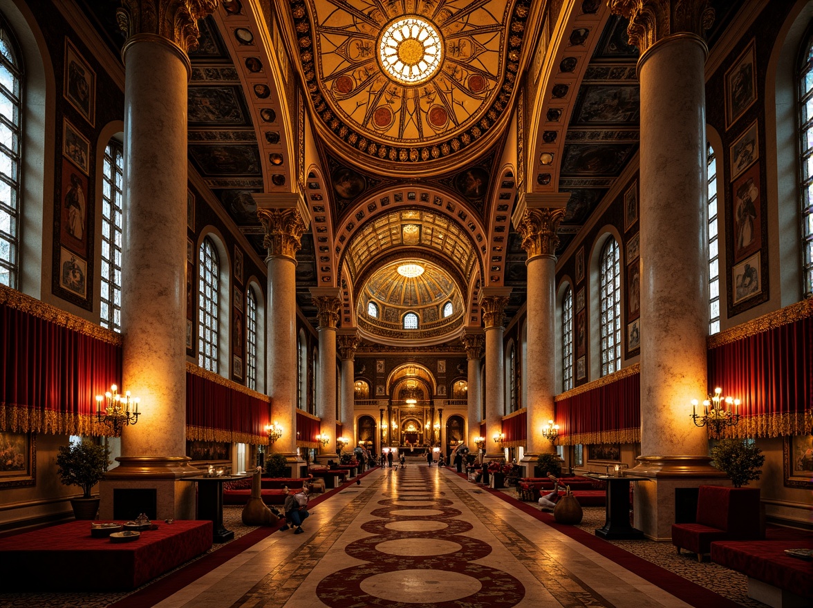 Prompt: Intricate Byzantine patterns, gold accents, rich jewel tones, ornate marble columns, detailed mosaics, warm candlelight, mystical atmosphere, ancient architectural details, grandiose vaulted ceilings, luxurious velvet drapes, exquisite frescoes, subtle texture contrast, high-contrast lighting, dramatic shadows, 1/1 composition, symmetrical framing, soft focus, atmospheric perspective.