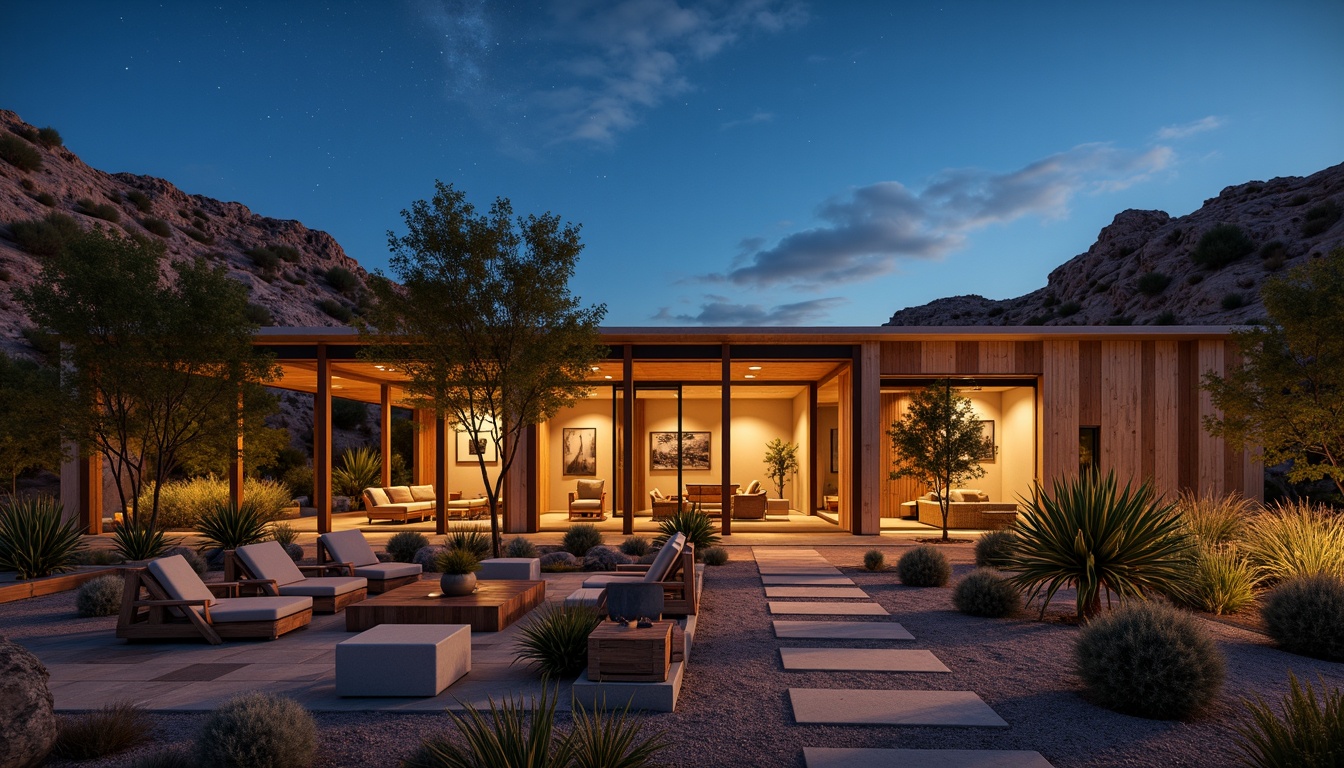 Prompt: \Desert concert house, rustic exterior walls, wooden accents, large windows, sliding glass doors, outdoor seating areas, cactus gardens, succulent arrangements, sandy walkways, desert flora, starry night sky, warm sunset lighting, dramatic shadows, 1/2 composition, cinematic view, realistic rock textures, ambient occlusion, natural stone pathways, minimalist landscaping, eco-friendly irrigation systems, water-efficient plant species, vibrant colorful outdoor furniture, Moroccan-inspired tiles, intricate geometric patterns.\