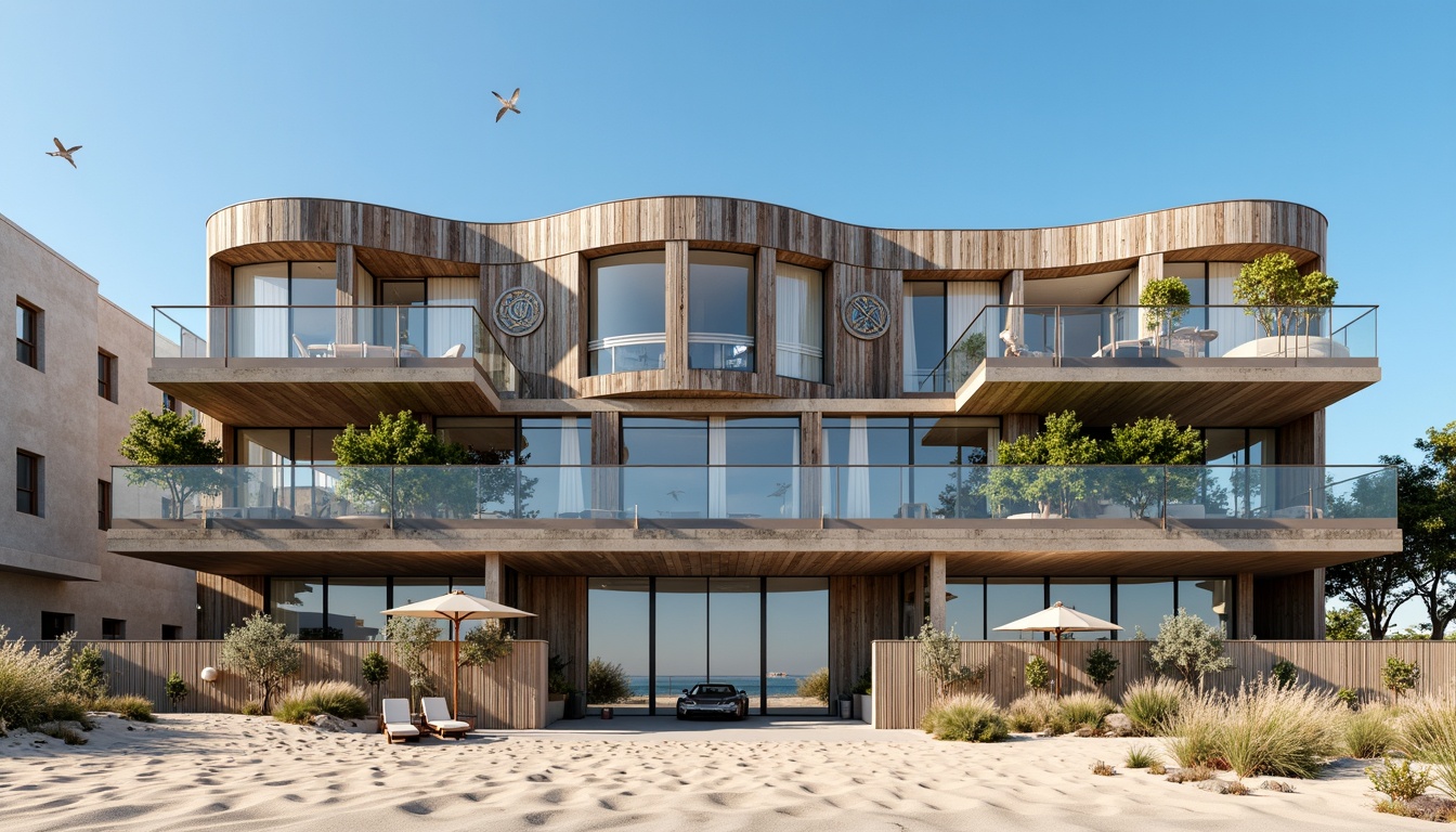 Prompt: Weathered wooden boards, beachy vibe, driftwood accents, ocean-inspired color palette, wavy lines, asymmetrical fa\u00e7ade composition, large windows, sliding glass doors, corrugated metal cladding, rustic stone walls, curved balconies, nautical ropes, porthole windows, seaside-inspired ornamental details, sandy dunes, seagulls flying overhead, clear blue sky, warm sunny day, soft natural lighting, 1/1 composition, realistic textures, ambient occlusion.