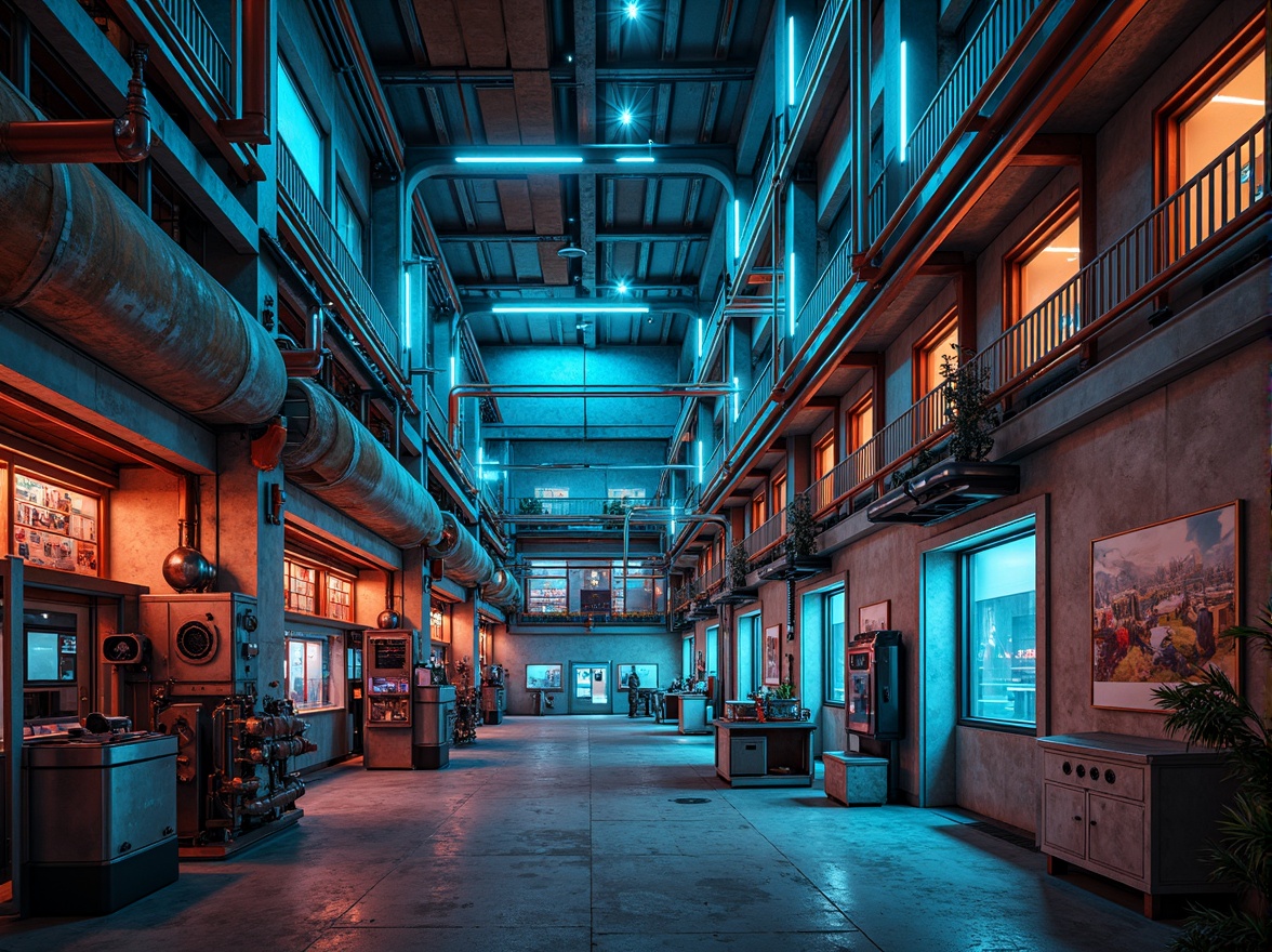 Prompt: Industrial energy plants, metallic structures, bold color schemes, neon lights, warning signs, steel beams, concrete foundations, mechanical equipment, pipes and valves, control rooms, digital displays, futuristic ambiance, high-tech atmosphere, intense artificial lighting, 2/3 composition, dramatic shadows, realistic reflections, ambient occlusion.