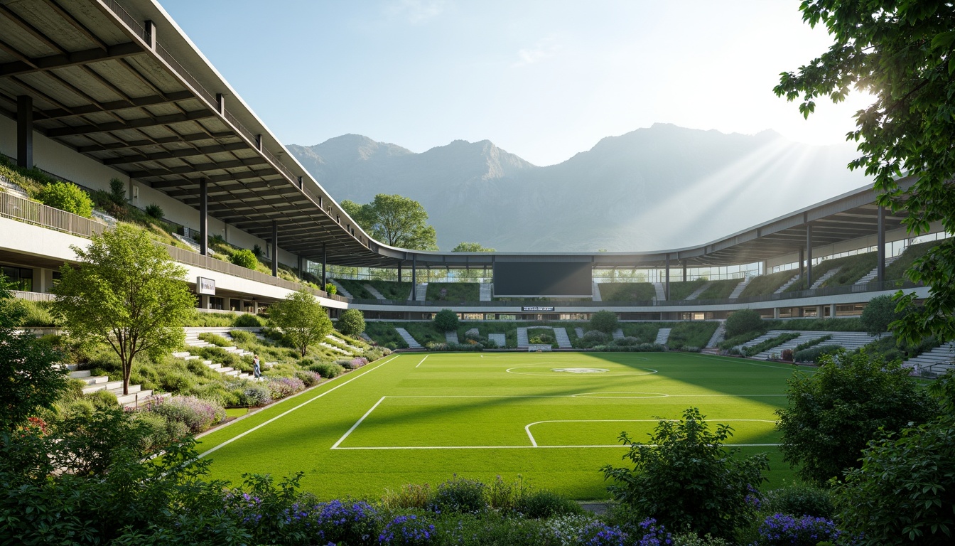 Prompt: Vibrant green roofs, lush vegetation walls, natural stone fa\u00e7ades, curved lines, futuristic stadium design, retractable roofs, transparent glass panels, panoramic views, mountainous backdrop, misty morning atmosphere, warm sunny day, dramatic spotlighting, shallow depth of field, 3/4 composition, realistic textures, ambient occlusion.