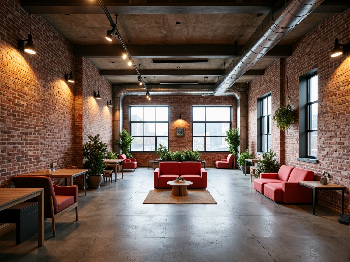 Prompt: Industrial chic loft space, exposed brick walls, polished concrete floors, reclaimed wood accents, open concept layout, movable partitions, modular furniture, adaptable lighting systems, floor-to-ceiling windows, natural ventilation, collaborative workspaces, eclectic decor, vibrant color schemes, minimalist aesthetic, flexible seating arrangements, technology-integrated desks, cozy reading nooks, warm ambient lighting, shallow depth of field, 1/1 composition, realistic textures, soft focus.