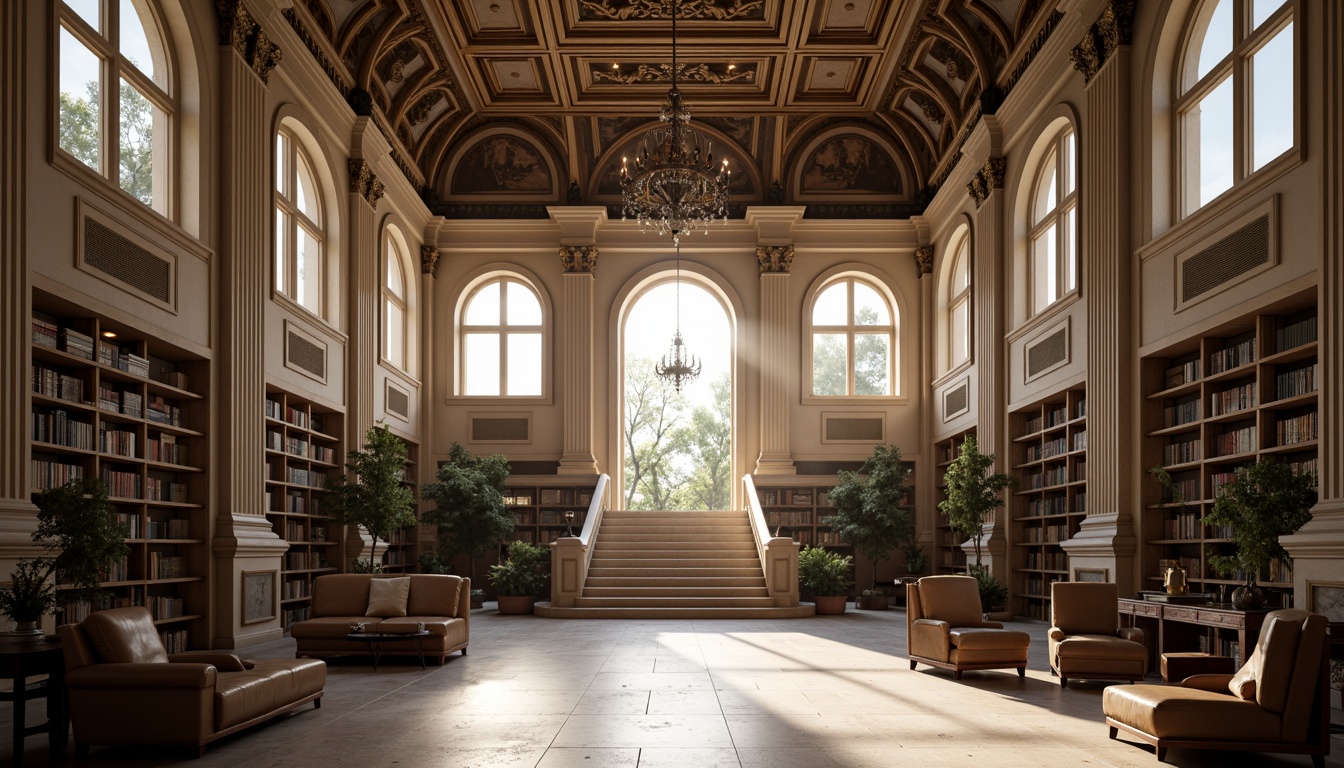 Prompt: Grand library hall, symmetrical facade, neoclassical architecture, ornate columns, arched windows, grand staircase, intricate moldings, high ceilings, marble floors, elegant chandeliers, natural light pouring in, soft warm glow, 1/1 composition, central axis symmetry, balanced proportions, harmonious color palette, classic furniture pieces, leather-bound books, wooden shelves, reading nooks, cozy study areas, quiet atmosphere, morning sunlight, subtle shadows, realistic textures, ambient occlusion.