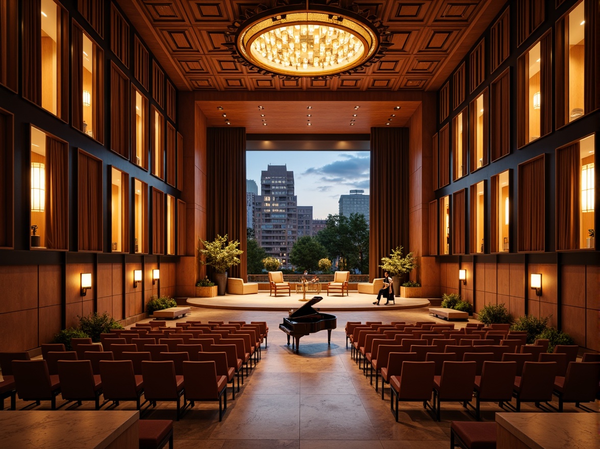 Prompt: Luxurious concert hall, rich wood grain textures, polished marble floors, sleek metal accents, soft velvet curtains, plush theater seats, grandiose chandeliers, dramatic stage lighting, high-gloss piano finishes, acoustic paneling, minimalist decor, urban cityscape views, evening atmosphere, warm golden lighting, shallow depth of field, 1/1 composition, realistic reflections, ambient occlusion.