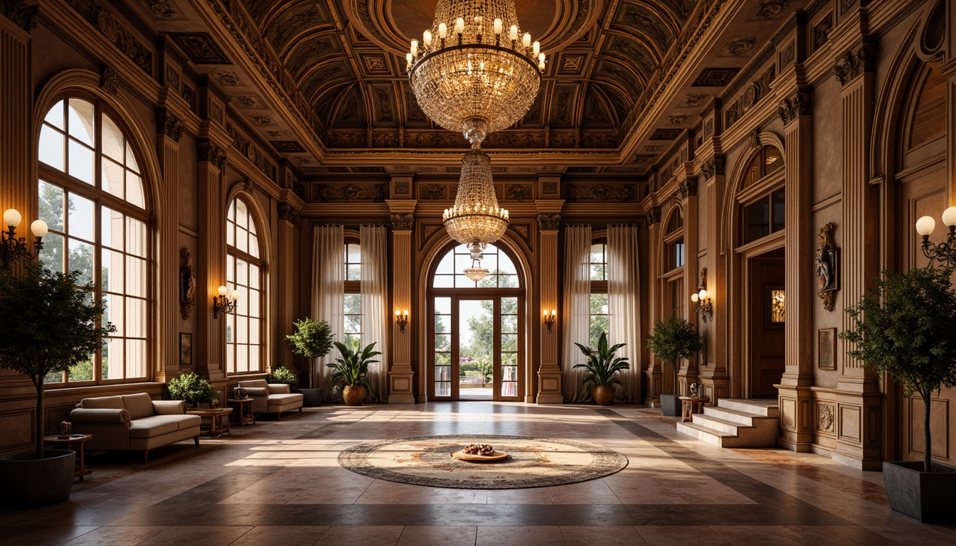 Prompt: Intricate ornate facades, grand entranceways, opulent chandeliers, lavish furnishings, rich textiles, marble floors, polished wood accents, metallic details, bespoke fixtures, luxurious materials, warm ambient lighting, shallow depth of field, 1/1 composition, realistic textures, ambient occlusion.