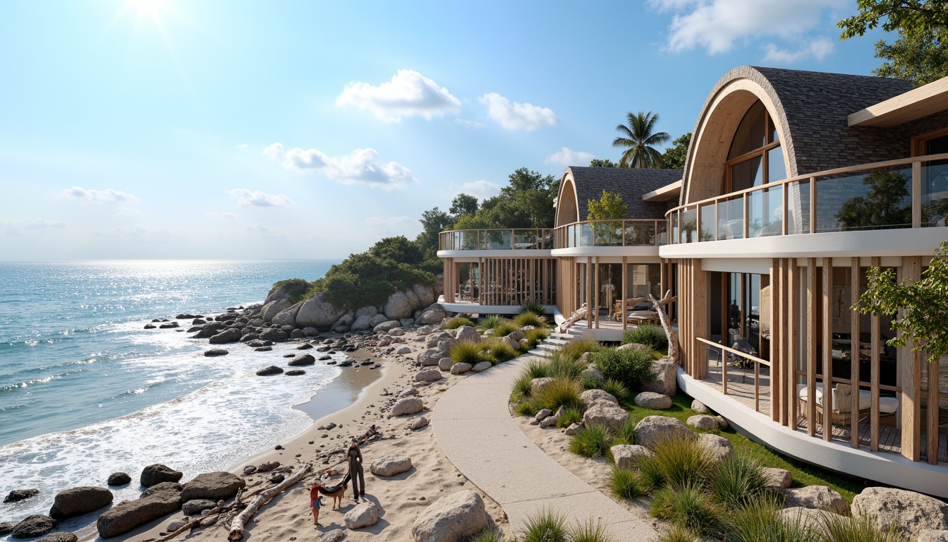 Prompt: Wave-crashing coastline, rugged rocky shores, sandy beaches, driftwood accents, weathered wooden decks, nautical-themed railings, beachy pastel colors, shingle-style roofing, curved lines, asymmetrical fa\u00e7ades, large glass windows, sliding doors, open-air balconies, ocean-inspired sculptures, sea-salt air, warm sunny day, soft natural lighting, 1/1 composition, shallow depth of field, realistic textures, ambient occlusion.Please let me know if this meets your requirements!