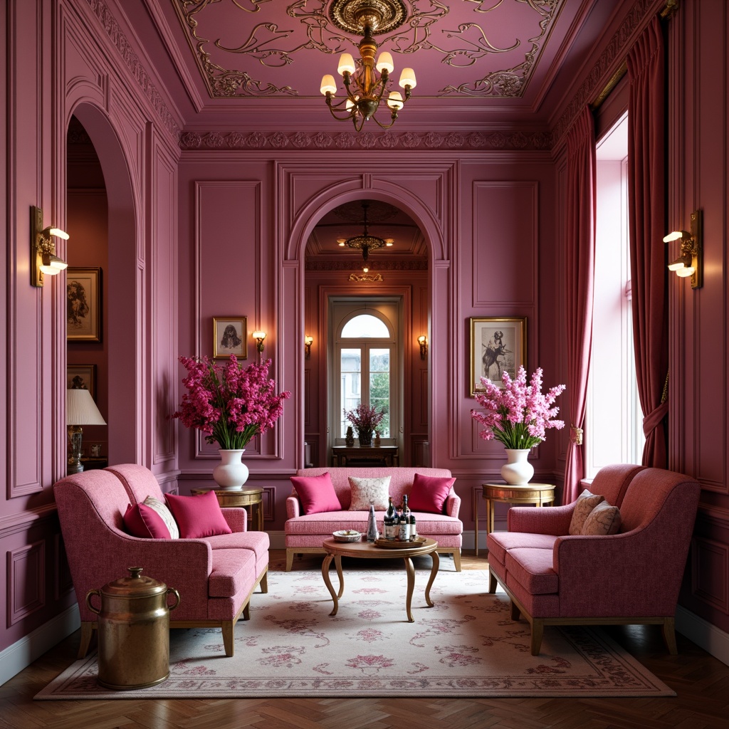 Prompt: Richly ornate interior, velvety orchid tones, soft blush hues, golden accents, intricate patterns, luxurious fabrics, delicate trims, refined furniture, subtle sheen, warm ambient lighting, shallow depth of field, 1/2 composition, intimate atmosphere, realistic textures, atmospheric perspective.