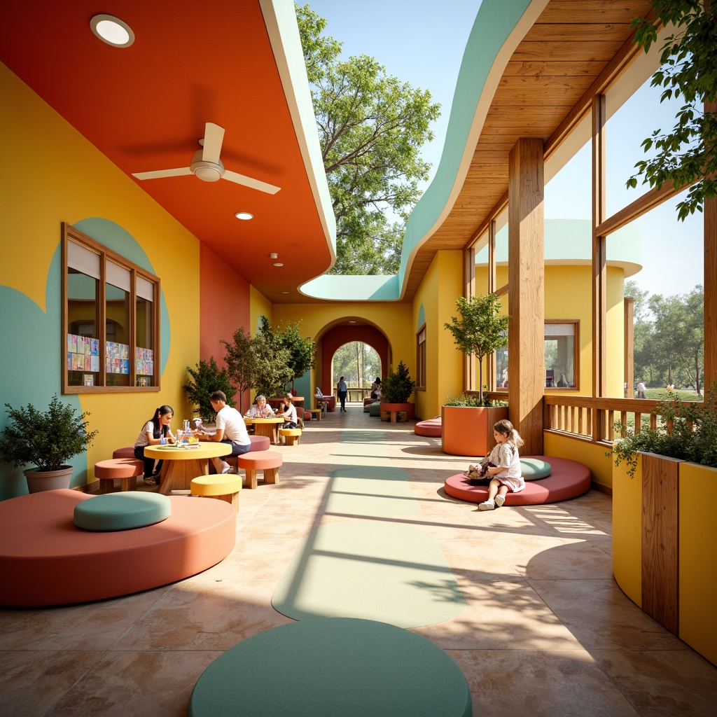 Prompt: Whimsical kindergarten building, curved organic shapes, playful rounded forms, vibrant colorful walls, natural wood accents, soft cushioned floors, cozy reading nooks, interactive play areas, sensory stimulation zones, educational signage, blooming indoor plants, warm sunny lighting, shallow depth of field, 1/1 composition, close-up shots, realistic textures, ambient occlusion.