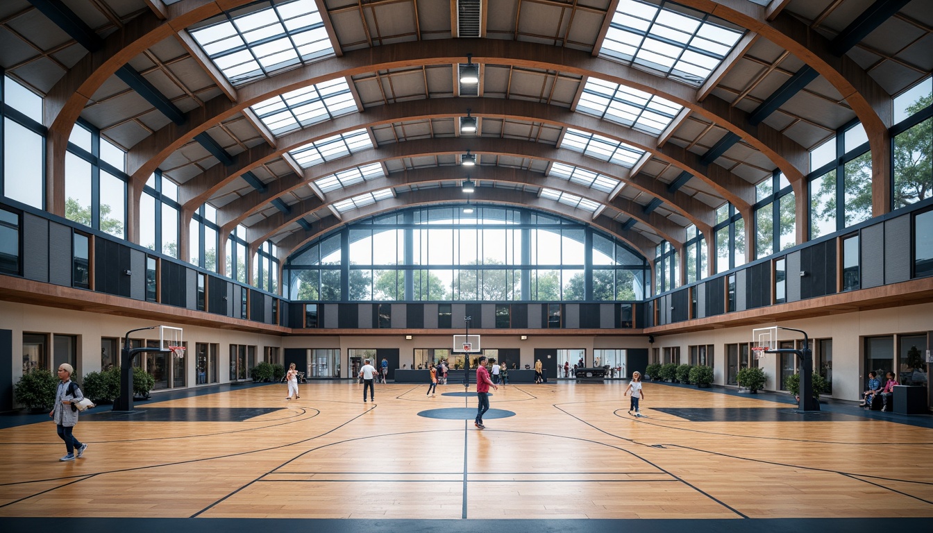 Prompt: Modern gymnasium building, international style architecture, curved lines, dynamic shapes, double-height ceilings, clerestory windows, natural ventilation systems, metallic fa\u00e7ade materials, reflective glass surfaces, LED lighting installations, vibrant color schemes, minimalist interior design, state-of-the-art sports equipment, basketball courts, badminton fields, athletic tracks, wooden flooring, sound-absorbing panels, panoramic views, shallow depth of field, 2/3 composition, realistic textures, ambient occlusion.