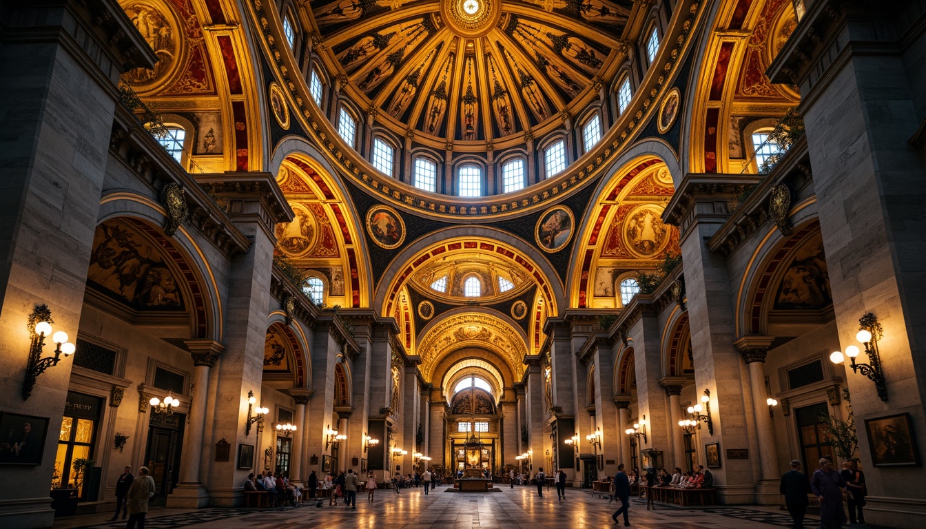 Prompt: Majestic Byzantine domes, golden ornate details, vibrant mosaics, intricate stone carvings, grandiose cathedral interiors, atmospheric lighting, warm earthy tones, rich textures, ancient historical significance, ornate frescoes, grand archways, marble columns, spiritual ambiance, solemn atmosphere, low-angle shot, dramatic shadows, warm color palette, high contrast ratio.