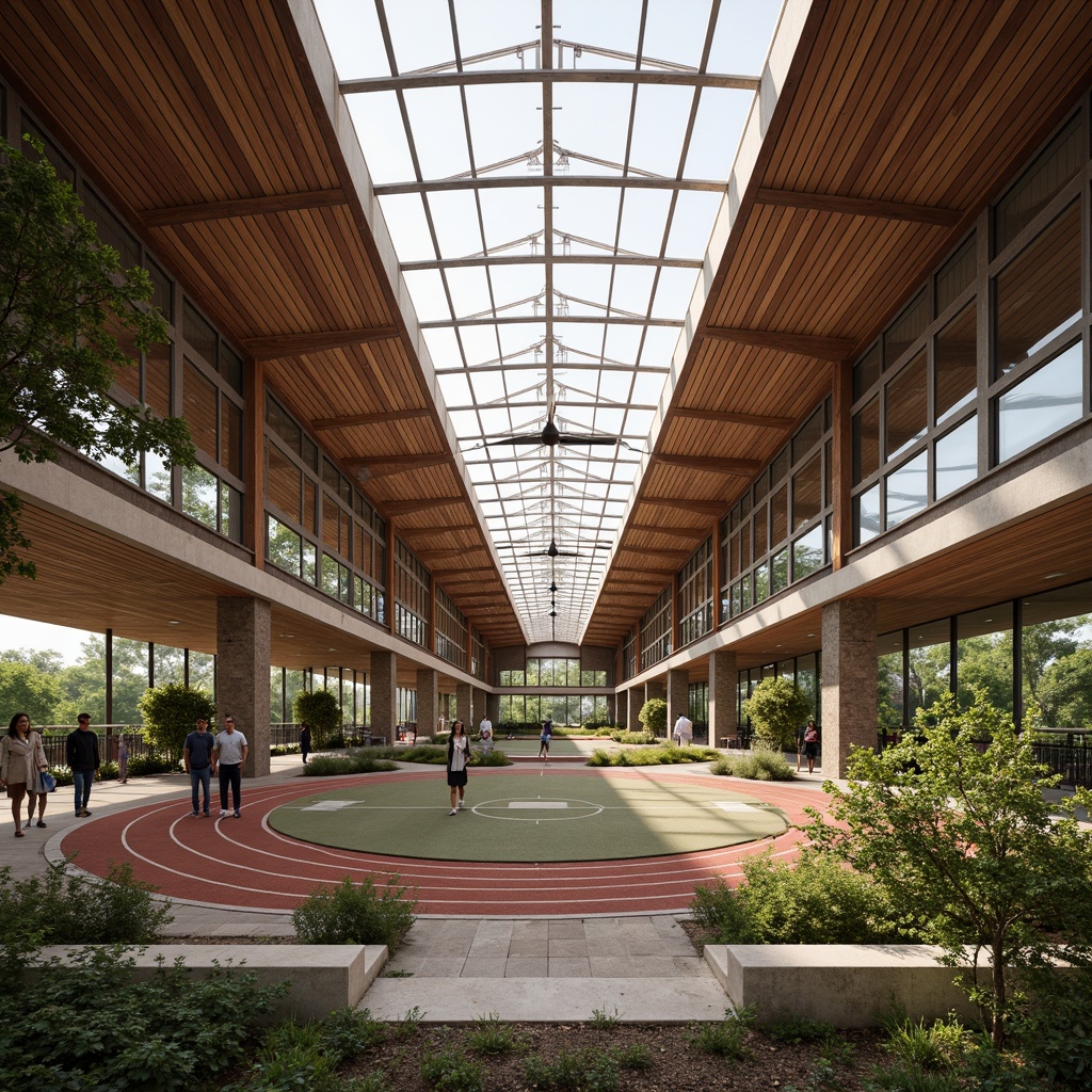 Prompt: Rustic gymnasium, regionalism-inspired facades, earthy tones, natural stone cladding, wooden accents, sloping roofs, asymmetrical composition, vibrant greenery, outdoor sports facilities, athletic tracks, stadium seating, modernist architecture, industrial materials, metallic frames, large windows, clerestory lighting, soft warm ambiance, shallow depth of field, 2/3 composition, realistic textures, ambient occlusion.