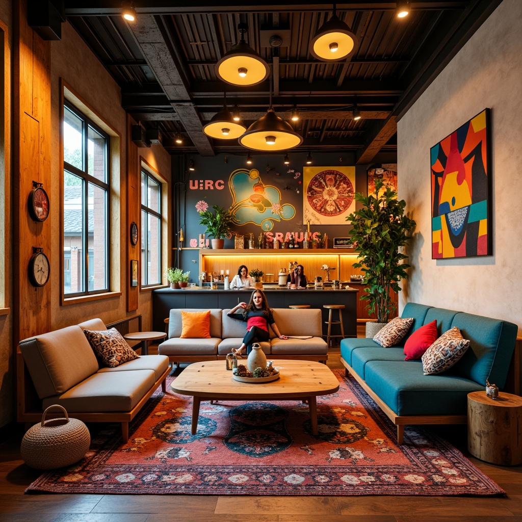 Prompt: Vibrant hostel facade, eclectic mix of colors, warm wooden accents, industrial metal beams, cozy communal lounge, plush sofas, colorful throw pillows, natural fiber rugs, reclaimed wood tables, earthy tone walls, abstract artwork, whimsical lighting fixtures, soft warm glow, shallow depth of field, 1/1 composition, inviting atmosphere, lively textures, ambient occlusion.