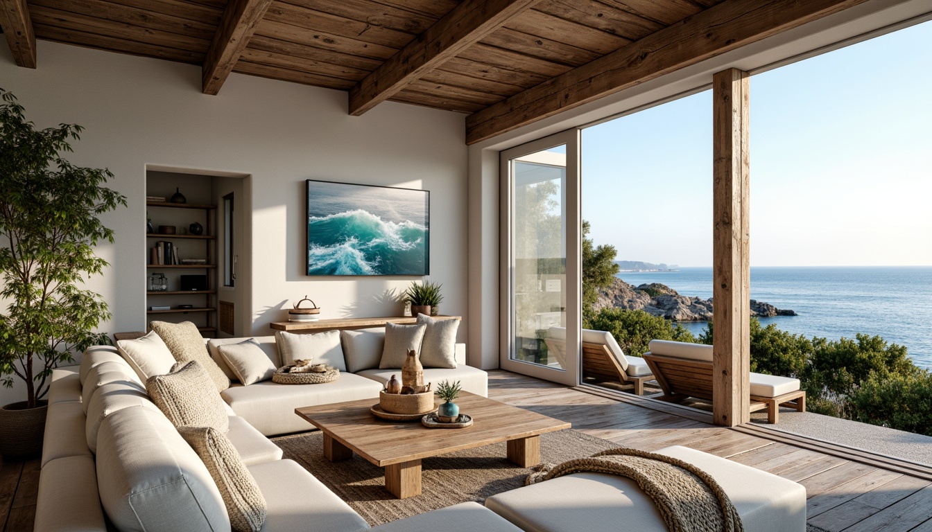 Prompt: Coastal cottage, natural textures, driftwood accents, ocean-inspired color palette, calming blue hues, sandy beige tones, nautical rope details, vintage sailing artifacts, plush throw blankets, comfortable sectional sofas, reclaimed wood flooring, rustic wooden beams, large windows, sliding glass doors, stunning ocean views, sunny day, soft warm lighting, shallow depth of field, 3/4 composition, panoramic view, realistic textures, ambient occlusion.