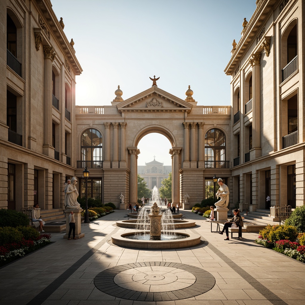 Prompt: Grand plaza, ornate fountains, majestic statues, Corinthian columns, marble flooring, symmetrical gardens, vibrant flowerbeds, decorative street lamps, wrought iron benches, elegant archways, grand staircases, sweeping vistas, warm golden lighting, shallow depth of field, 2/3 composition, classicist architecture, realistic textures, ambient occlusion.