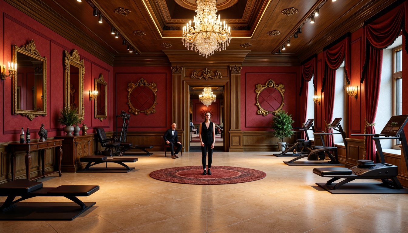 Prompt: Luxurious fitness studio, rich wood tones, ornate mirrors, velvet drapes, golden accents, crystal chandeliers, bold red walls, deep plum hues, warm beige floors, metallic equipment, intricate moldings, high ceilings, dramatic lighting, softbox shadows, 3/4 composition, realistic textures, ambient occlusion.