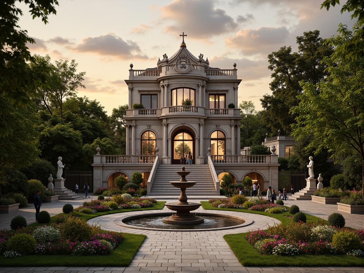 Prompt: Ornate fountain, grand staircase, symmetrical gardens, manicured lawns, vibrant flowerbeds, topiary sculptures, ornamental statues, winding stone paths, decorative iron gates, imposing Baroque architecture, intricate stone carvings, ornate balconies, lavish decorations, dramatic lighting, warm golden hour, shallow depth of field, 1/1 composition, realistic textures, ambient occlusion.