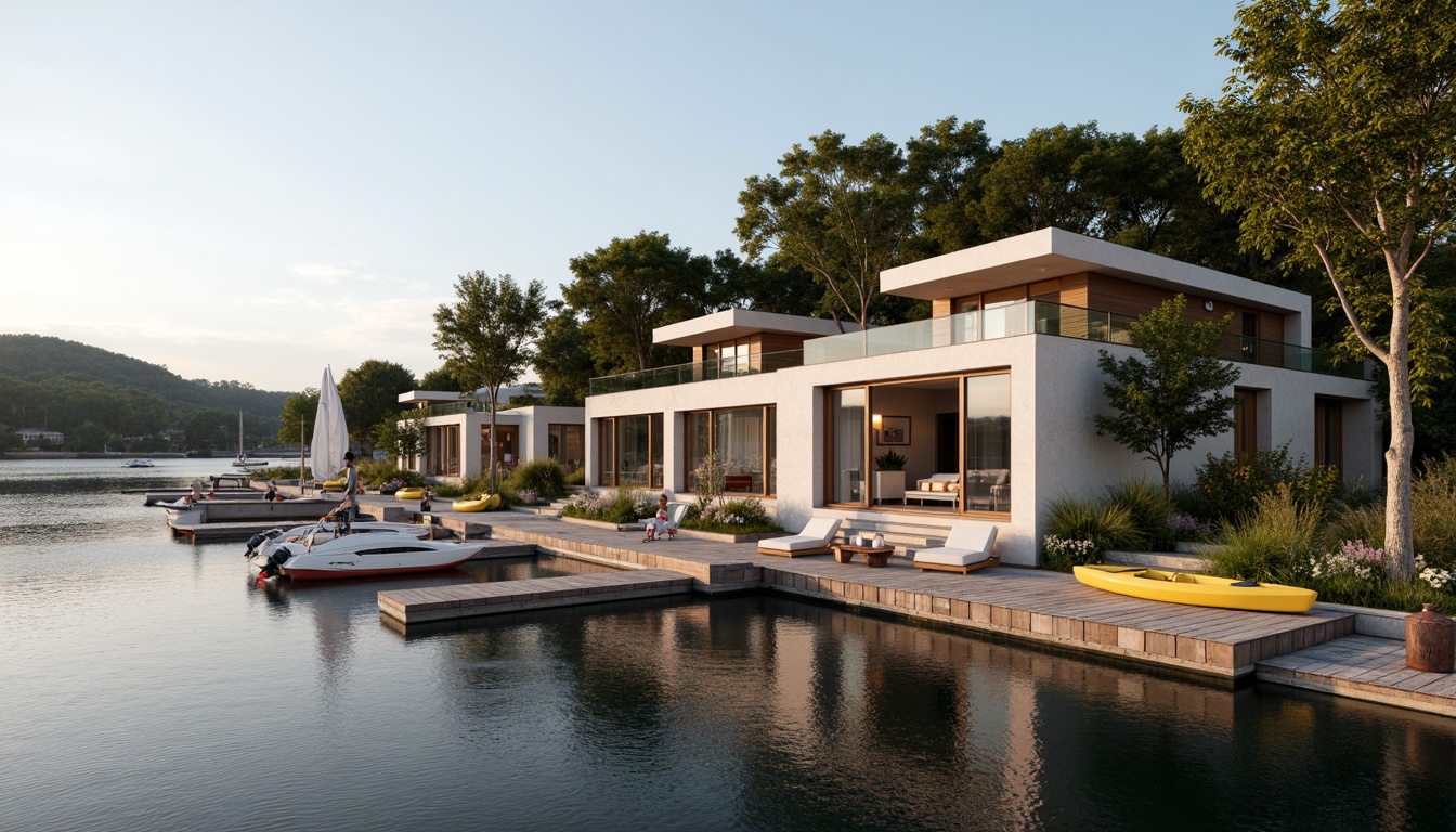 Prompt: Waterfront location, serene lake views, modern international style boathouse, flat roofs, rectangular forms, minimal ornamentation, large windows, sliding glass doors, wooden docks, sailboats, kayaks, paddleboards, nautical ropes, wooden accents, stainless steel railings, minimalist interior design, functional simplicity, natural materials, earthy color palette, soft warm lighting, shallow depth of field, 3/4 composition, panoramic view, realistic textures, ambient occlusion.