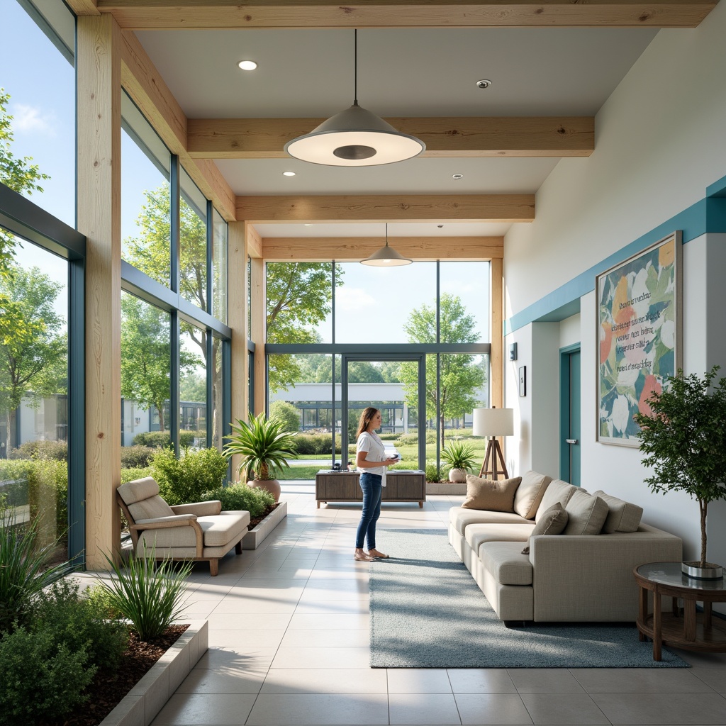 Prompt: Soothing rehabilitation center, calming color scheme, gentle blue hues, soft green accents, warm beige tones, natural wood textures, comfortable seating areas, cozy reading nooks, abundant natural light, floor-to-ceiling windows, peaceful outdoor gardens, serene water features, gentle breezes, uplifting artwork, motivational quotes, clear signage, accessible ramps, wide corridors, spacious therapy rooms, state-of-the-art medical equipment, calming ambient lighting, shallow depth of field, 1/1 composition, realistic textures, subtle color gradients.