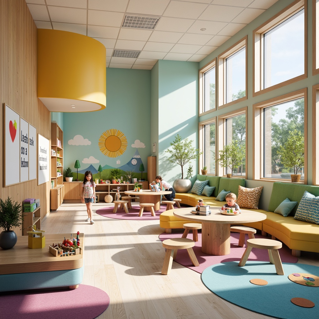 Prompt: Vibrant kindergarten interior, playful learning zones, soft pastel colors, ergonomic furniture, interactive whiteboards, educational toys, building blocks, sensory play areas, cozy reading nooks, circular tables, collaborative workspaces, natural light, warm wooden accents, stimulating textures, imaginative murals, engaging digital displays, dynamic sound systems, flexible seating arrangements, wheelchair accessible ramps, inclusive learning environments, creative art stations, inspirational quotes, calm atmosphere, soft background music.