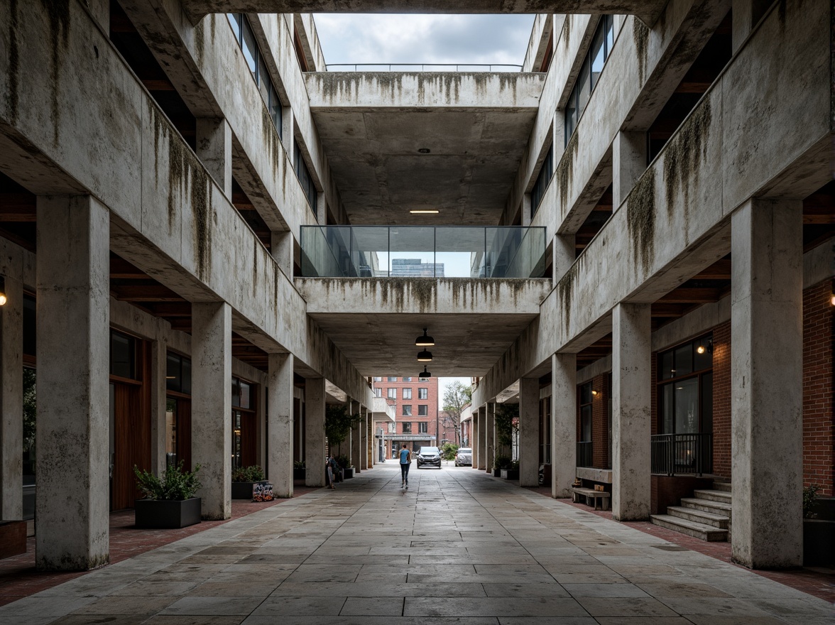 Prompt: Rough concrete walls, exposed ductwork, industrial metal beams, weathered wooden accents, rugged stone floors, distressed brick facades, brutalist monumentality, urban cityscape, overcast skies, dramatic lighting, high-contrast shadows, 1-point perspective, gritty realistic textures, ambient occlusion.