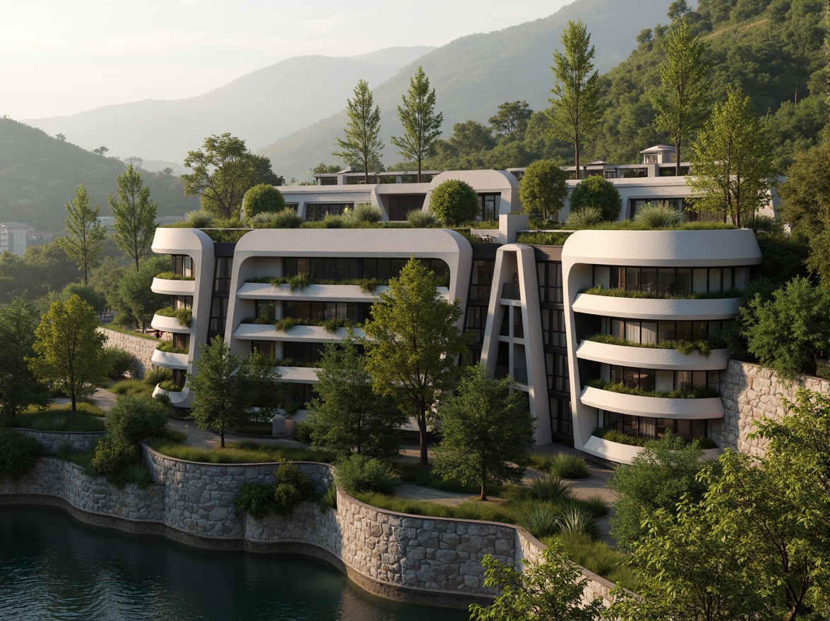 Prompt: Harmonious building facade, curvaceous lines, natural stone materials, lush green roofs, verdant walls, seamless landscape integration, organic architecture, blending boundaries, scenic views, rolling hills, serene lakeside, misty morning, warm sunlight, soft shadows, 3/4 composition, atmospheric perspective, realistic textures, ambient occlusion.