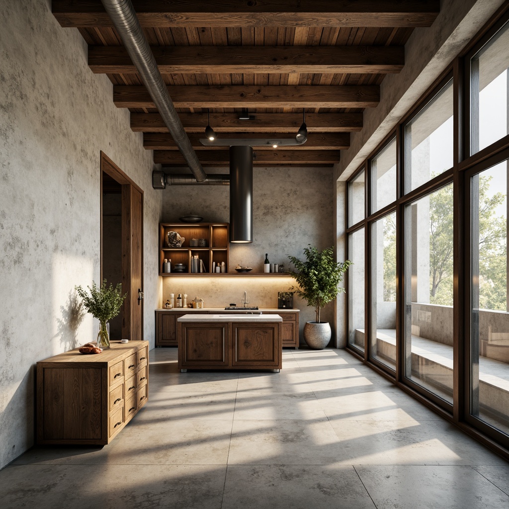 Prompt: Rustic modern architecture, plastered concrete walls, rough textured surfaces, earthy tones, natural materials, industrial chic aesthetic, urban loft setting, reclaimed wood accents, metal beams, exposed ductwork, high ceilings, large windows, soft warm lighting, shallow depth of field, 3/4 composition, realistic textures, ambient occlusion.