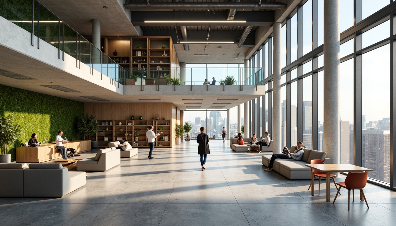 Prompt: Modern minimalist interior, ample natural light, polished concrete floors, sleek glass railings, spacious open-plan layout, functional zones, collaborative workspaces, acoustic panels, ergonomic furniture, modular shelving units, verdant green walls, floor-to-ceiling windows, sliding glass doors, urban cityscape views, warm neutral color scheme, soft diffused lighting, shallow depth of field, 3/4 composition, realistic textures.