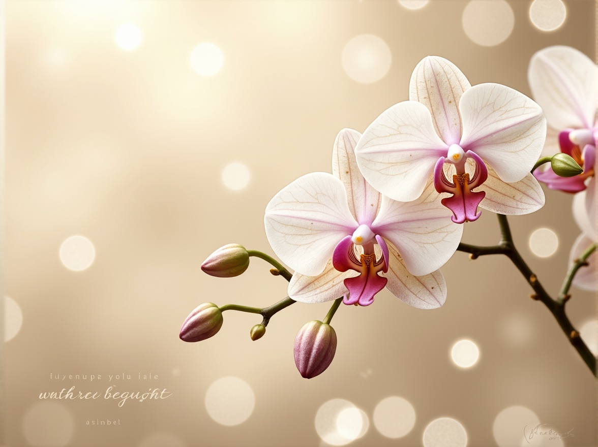 Prompt: Rich orchid flowers, delicate petals, soft pastel hues, creamy whites, warm beige backgrounds, subtle golden accents, luxurious velvet textures, whimsical botanical illustrations, dreamy ethereal atmosphere, soft focus, shallow depth of field, 1/1 composition, natural light, gentle shadows.Please let me know if you need any adjustments or changes!