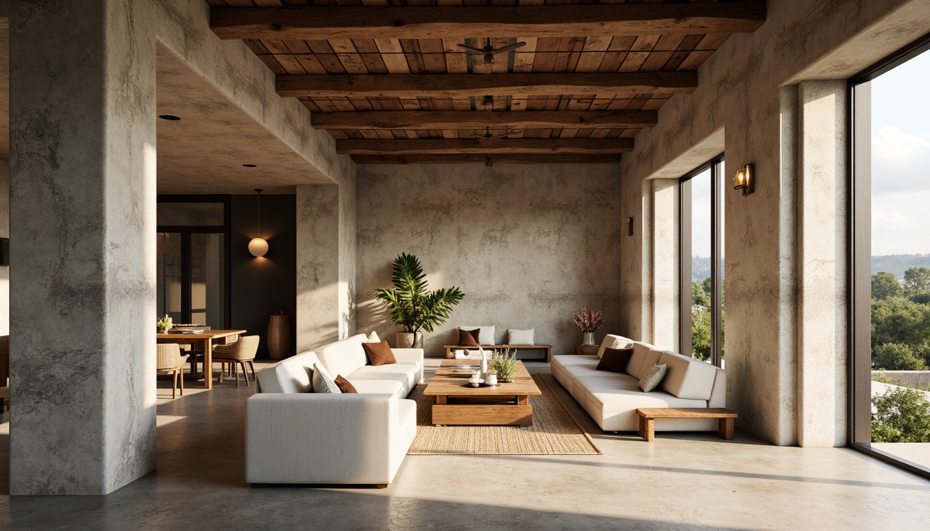 Prompt: Rustic architectural design, plastered concrete walls, earthy color palette, rough textures, industrial chic aesthetic, modern minimalist interiors, natural stone accents, metal beams, polished concrete floors, warm ambient lighting, shallow depth of field, 3/4 composition, realistic renderings, subtle normal mapping.