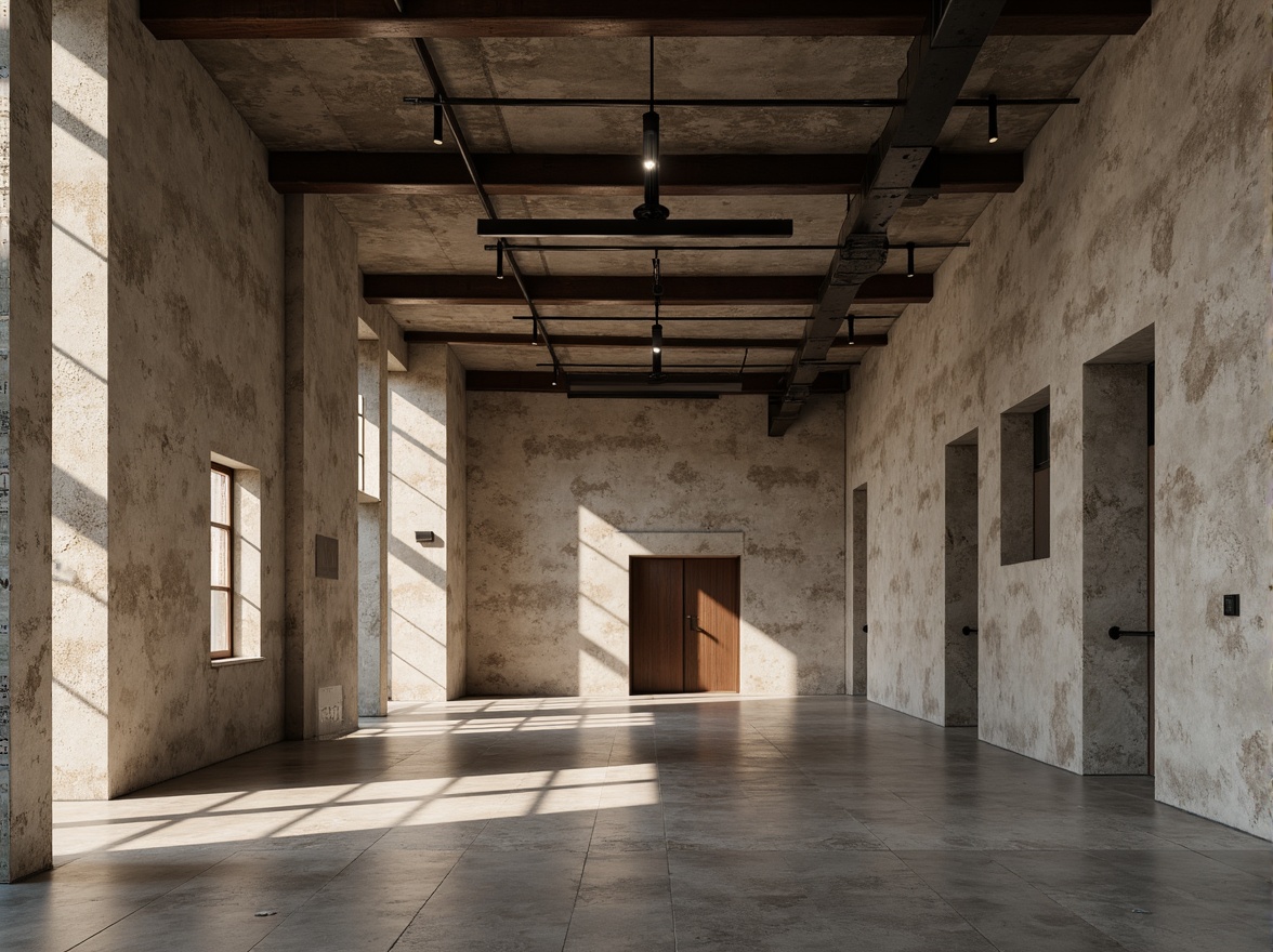 Prompt: Rustic textured concrete walls, earthy tones, natural imperfections, industrial aesthetic, urban renewal, modernized old buildings, renovated architecture, distressed finishes, exposed ductwork, steel beams, polished concrete floors, minimalist decor, warm atmospheric lighting, high ceilings, open spaces, functional simplicity, 1/1 composition, symmetrical framing, muted color palette.