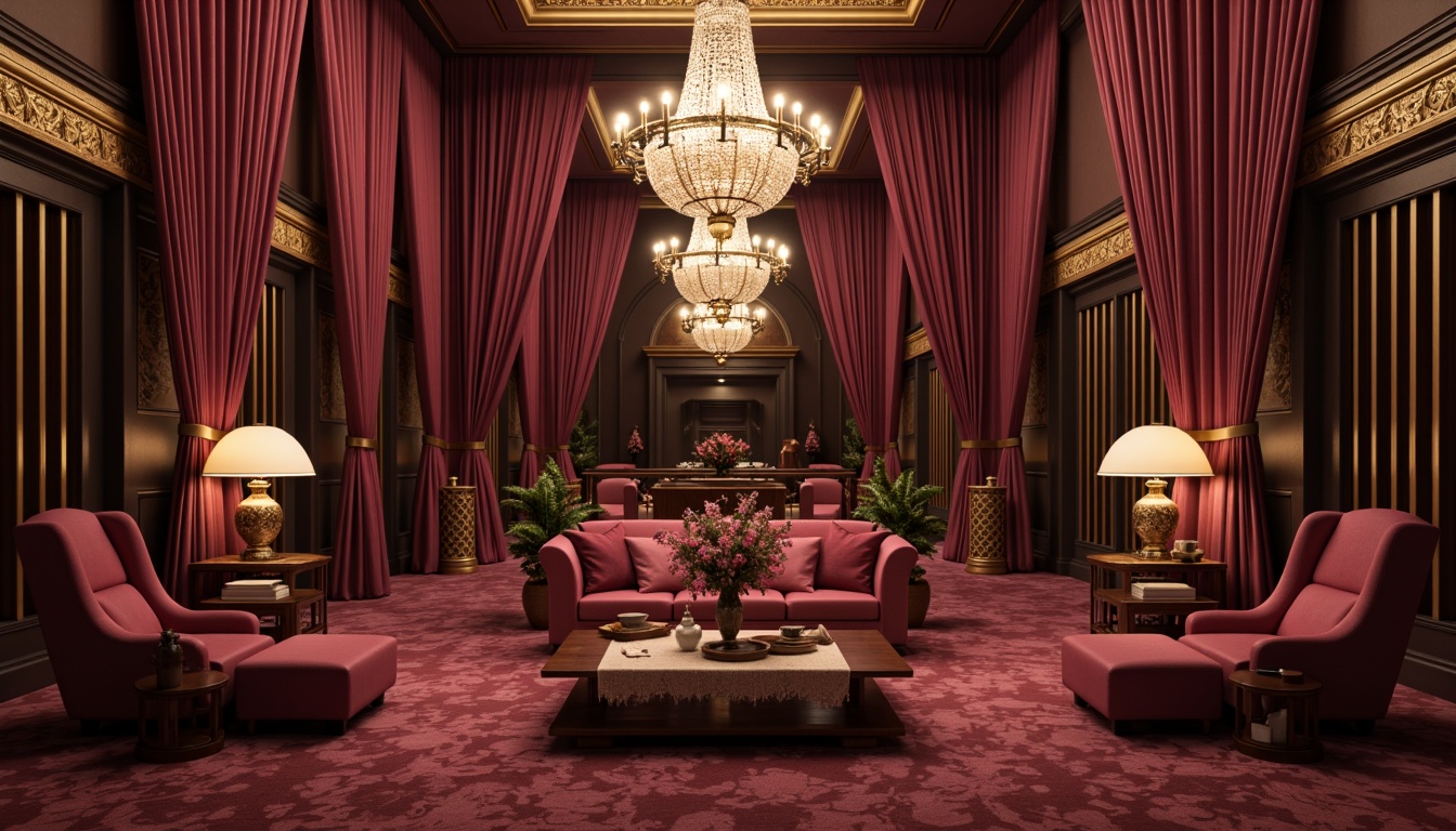 Prompt: Rich mauve tones, luxurious velvet fabrics, ornate golden accents, lavish crystal chandeliers, opulent furnishings, regal atmosphere, sophisticated interior design, elegant curved lines, subtle sheen finishes, warm ambient lighting, soft focus blur, 1/2 composition, intimate portrait view, realistic fabric textures, cinematic color grading.