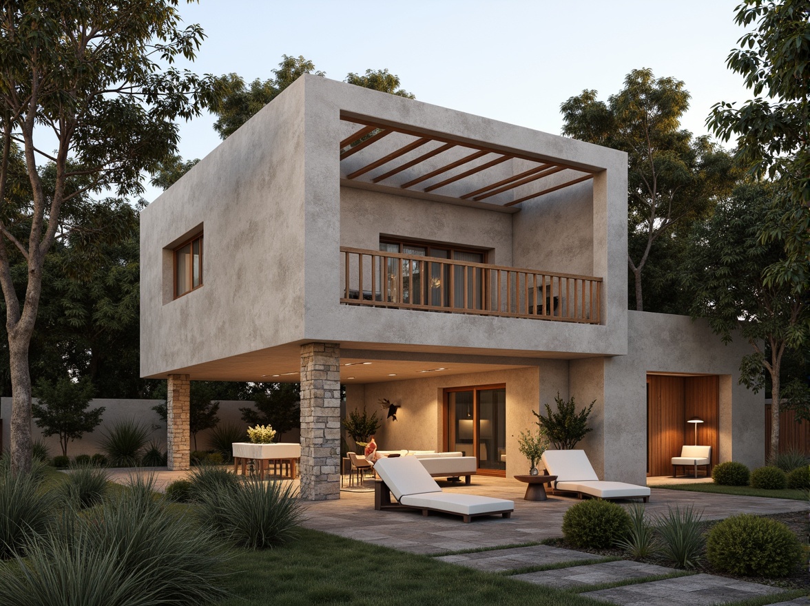 Prompt: Rustic modern villa, plastered concrete fa\u00e7ade, earthy color palette, natural textures, rough-hewn stone walls, wooden accents, minimalist ornamentation, seamless transitions, warm ambient lighting, soft focus blur, 1/2 composition, realistic rendering, subtle depth of field, atmospheric perspective.