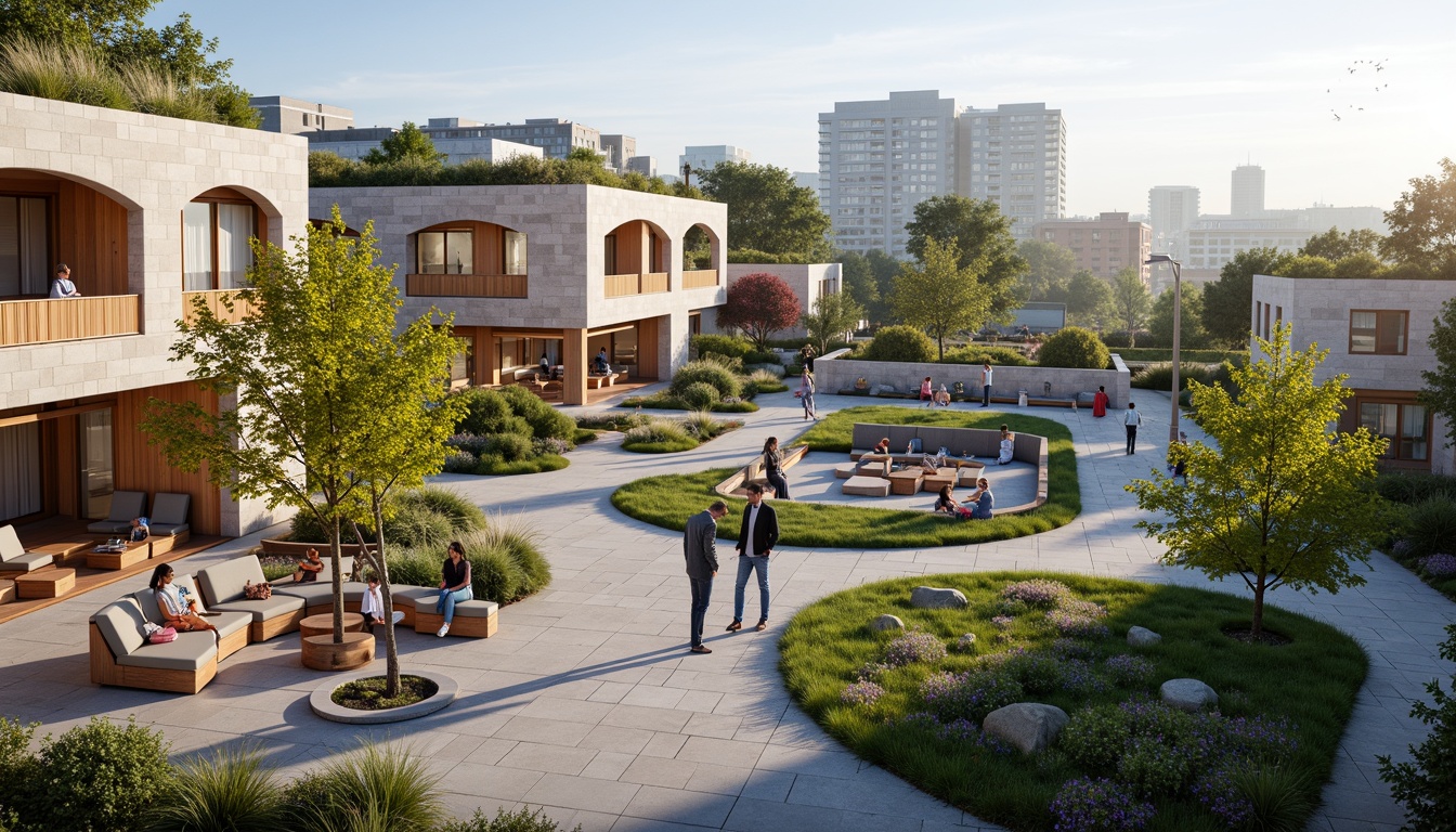 Prompt: Vibrant community center, natural stone fa\u00e7ade, curved lines, green roofs, solar panels, outdoor amphitheater, public art installations, interactive exhibits, cozy seating areas, warm wood accents, colorful textiles, abundant natural light, soft diffused lighting, shallow depth of field, 3/4 composition, panoramic view, realistic textures, ambient occlusion, lush landscaping, walking paths, community gardens, street furniture, urban plaza, bustling cityscape, morning mist, soft focus.