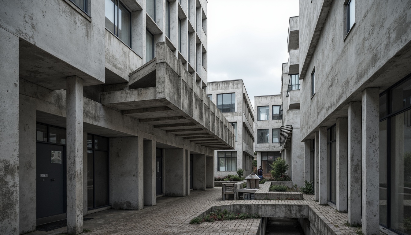 Prompt: Rugged brutalist architecture, raw concrete textures, fortress-like structures, dramatic cantilevered roofs, angular geometric forms, bold minimalist design, exposed ductwork, industrial materials, steel beams, cold monochromatic color palette, urban cityscape backdrop, overcast sky, low-key lighting, deep depth of field, 1/2 composition, cinematic framing, gritty realistic textures, ambient occlusion.