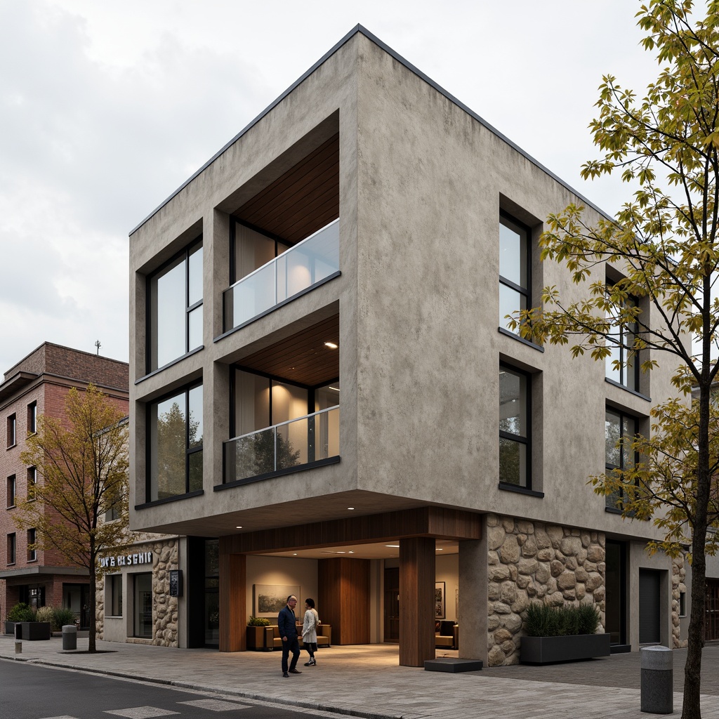 Prompt: Rustic modern building, plastered concrete facade, rough textured walls, earthy tone colors, natural stone accents, industrial chic aesthetic, minimalist design, functional simplicity, urban cityscape, cloudy day, soft diffused lighting, shallow depth of field, 2/3 composition, symmetrical framing, realistic textures, ambient occlusion.