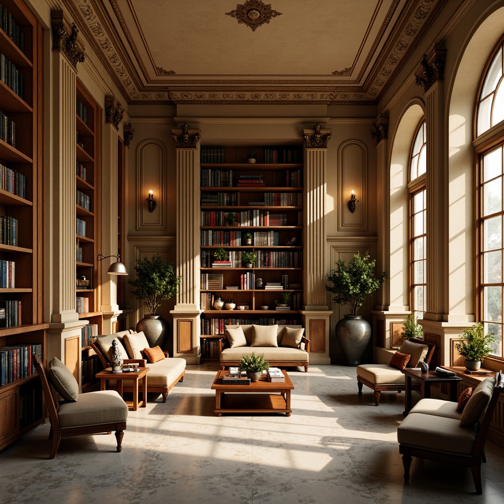 Prompt: Elegant library interior, rich wood tones, ornate moldings, classic columns, marble flooring, luxurious furnishings, warm beige walls, soft golden lighting, subtle texture overlays, dramatic shadows, 2/3 composition, atmospheric perspective, intricate architectural details, vintage bookshelves, leather-bound tomes, antique reading lamps, sophisticated color palette, muted earth tones, creamy whites, deep blues, rich reds.