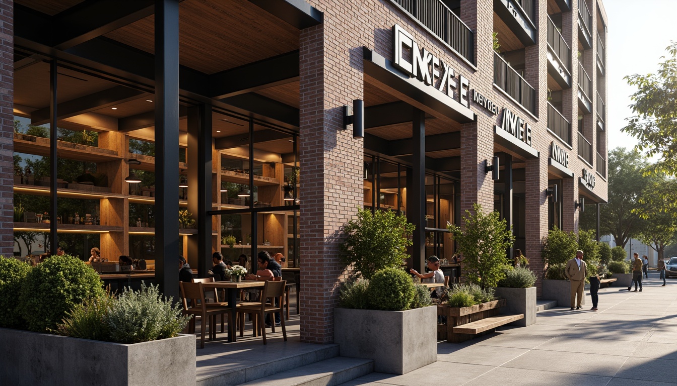 Prompt: Industrial chic restaurant facade, exposed brick walls, metal beams, reclaimed wood accents, floor-to-ceiling windows, minimalist signage, urban cityscape backdrop, busy streets, morning sunlight, soft warm glow, shallow depth of field, 2/3 composition, symmetrical architecture, clean lines, modern structuralism, steel frames, concrete floors, industrial lighting fixtures, eclectic decorative elements, vintage furniture pieces, natural stone flooring, lush greenery, outdoor seating areas, warm ambient lighting.