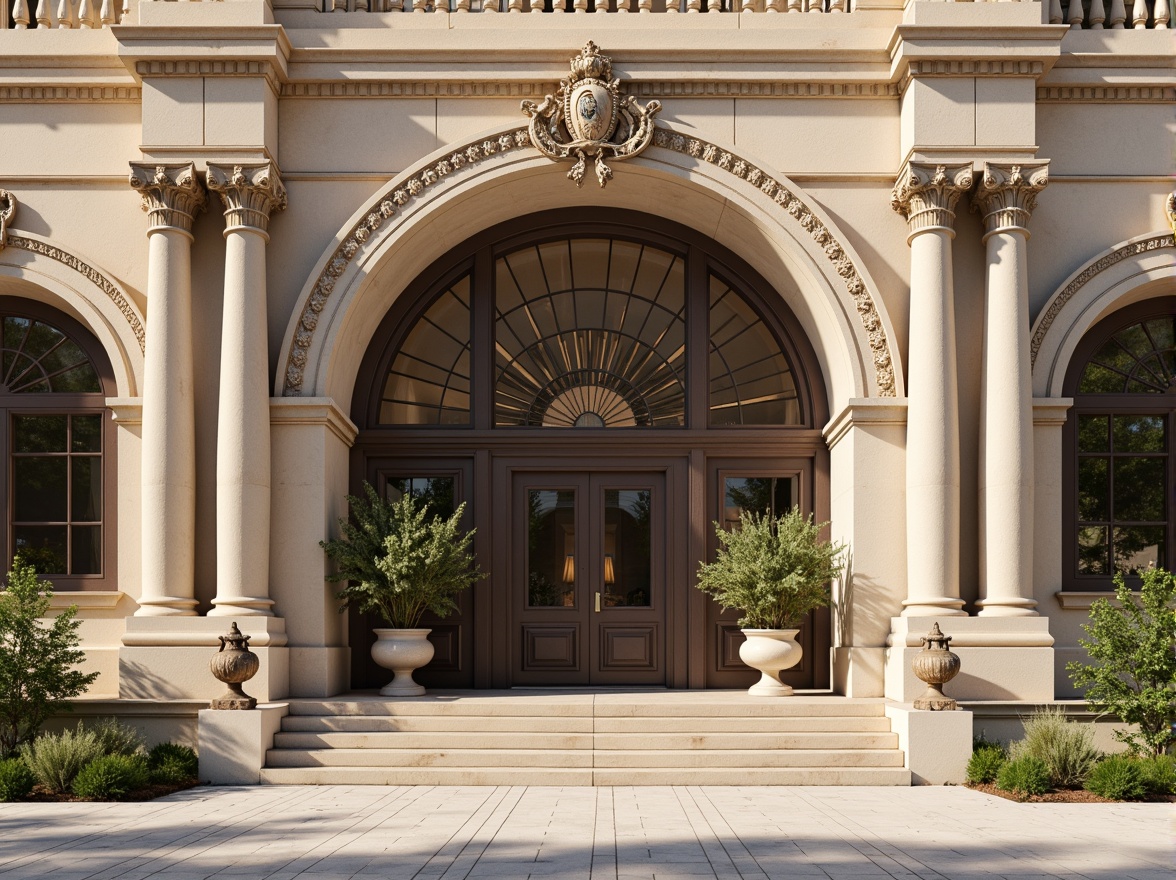 Prompt: Grandiose energy plant facade, neoclassical architecture style, ornate columns, carved stone details, symmetrical composition, grand entrance, large windows, rounded arches, intricate moldings, subtle texture variations, earthy color palette, warm beige tones, soft natural lighting, shallow depth of field, 1/1 composition, realistic rendering, ambient occlusion, subtle atmospheric effects.