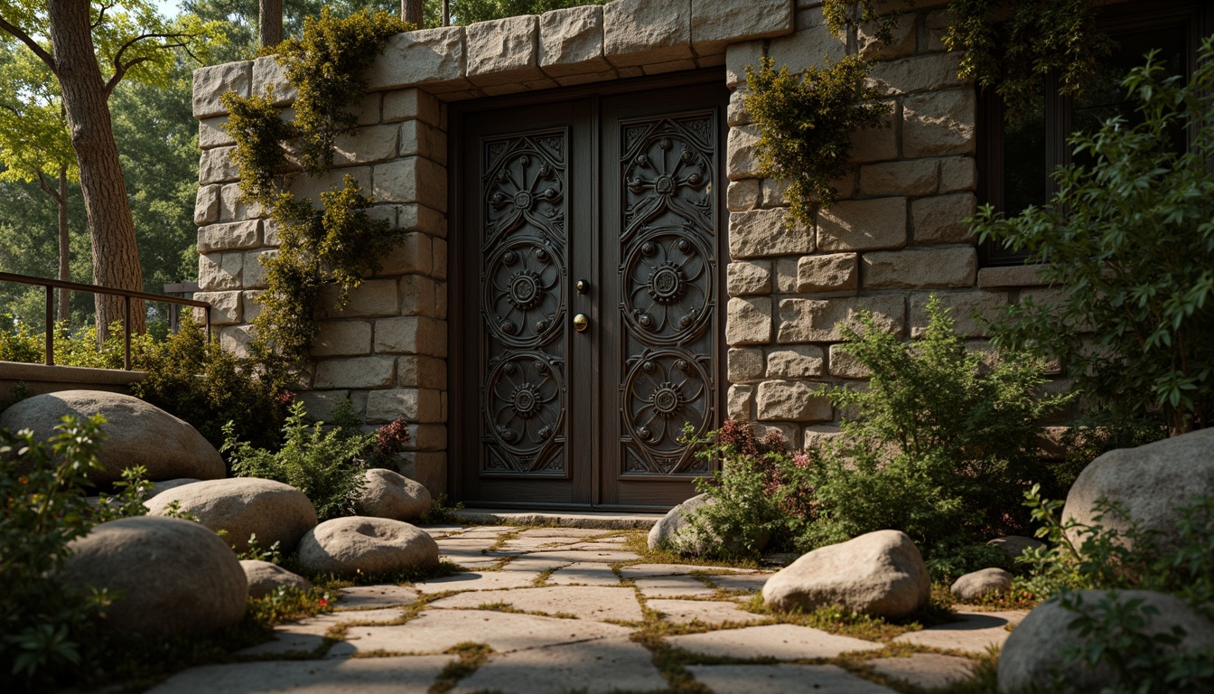 Prompt: Rustic stone walls, weathered wooden planks, distressed metal panels, rough-hewn boulders, intricately carved ornate details, vibrant green moss, soft warm lighting, shallow depth of field, 3/4 composition, atmospheric perspective, realistic textures, ambient occlusion, natural earthy tones, richly detailed environments.