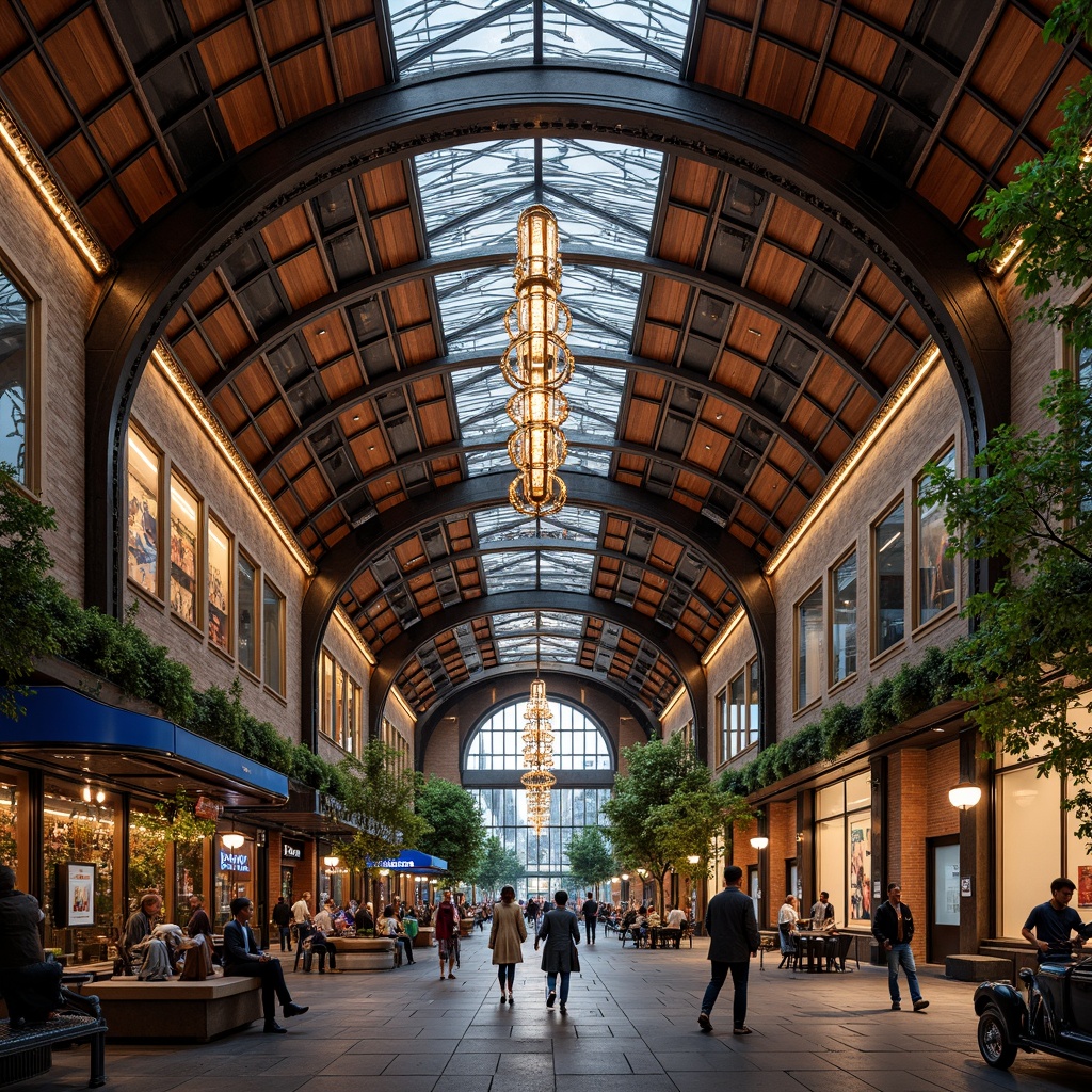 Prompt: Vibrant transit hub, eclectic mix of materials, industrial steel beams, ornate Victorian details, distressed brick walls, modern glass facades, intricate mosaic patterns, warm copper accents, grandiose chandeliers, lush greenery, bustling urban atmosphere, natural stone floors, ornamental railings, futuristic LED lighting, shallow depth of field, 3/4 composition, panoramic view, realistic textures, ambient occlusion.